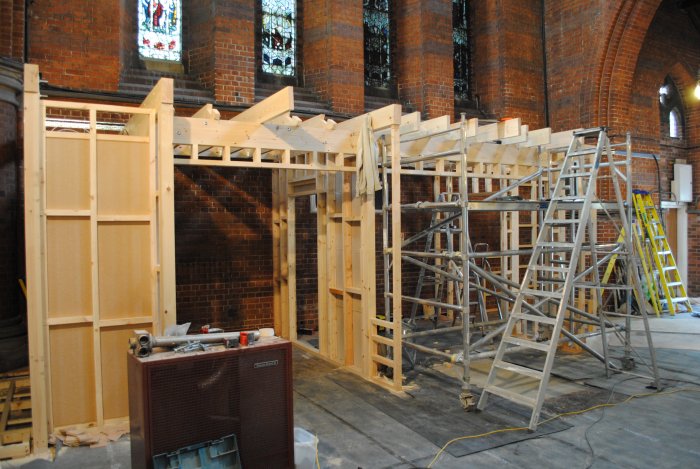 The post office frame is already in place at the back of the church