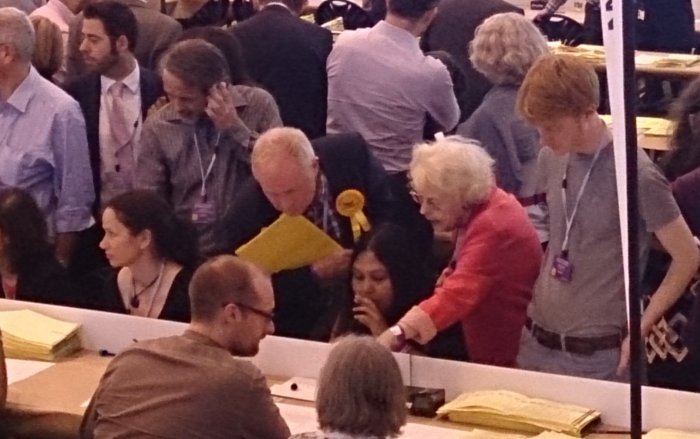 Keith Moffitt and Flick Rea look anxiously at ballot papers for West Hampstead