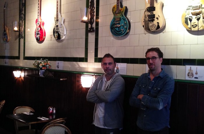Steven Marlow, guitar maker, with Wet Fish Café owner André Millodot