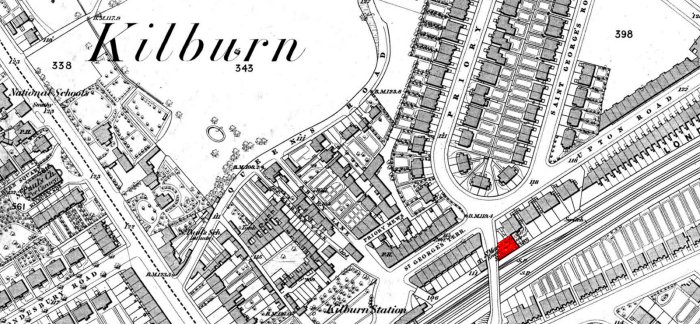 The site of the school in 1866 marked in red