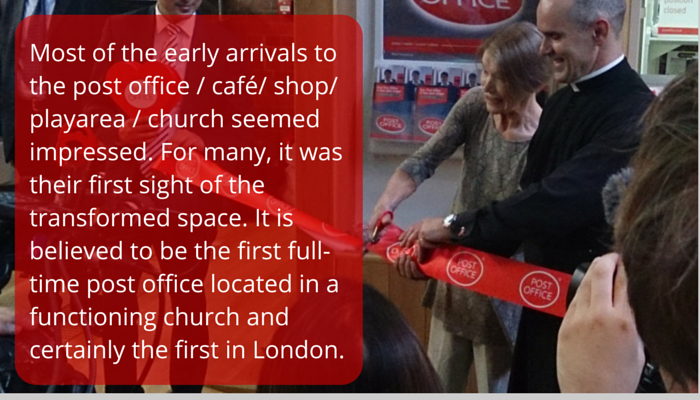 Most of the early arrivals to the post office / café/ shop/ playarea / church seemed impressed. For many, it was their first sight of the transformed space. It is believed to be the first full-time post office located in a functioning church and certainly the first in London.