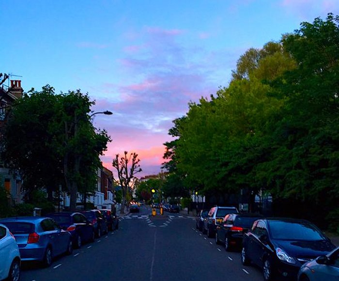 Iverson Road, West Hampstead, at sunset by @SteveWHamp