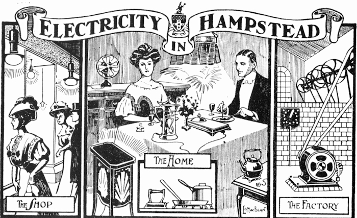 This postcard was designed for Hampstead’s Electricity Department to send to its customers. The elegantly dressed couple are having dinner surrounded by electrical appliances, including a heater, fan, iron and coffee pot.  (c) Historical Publications