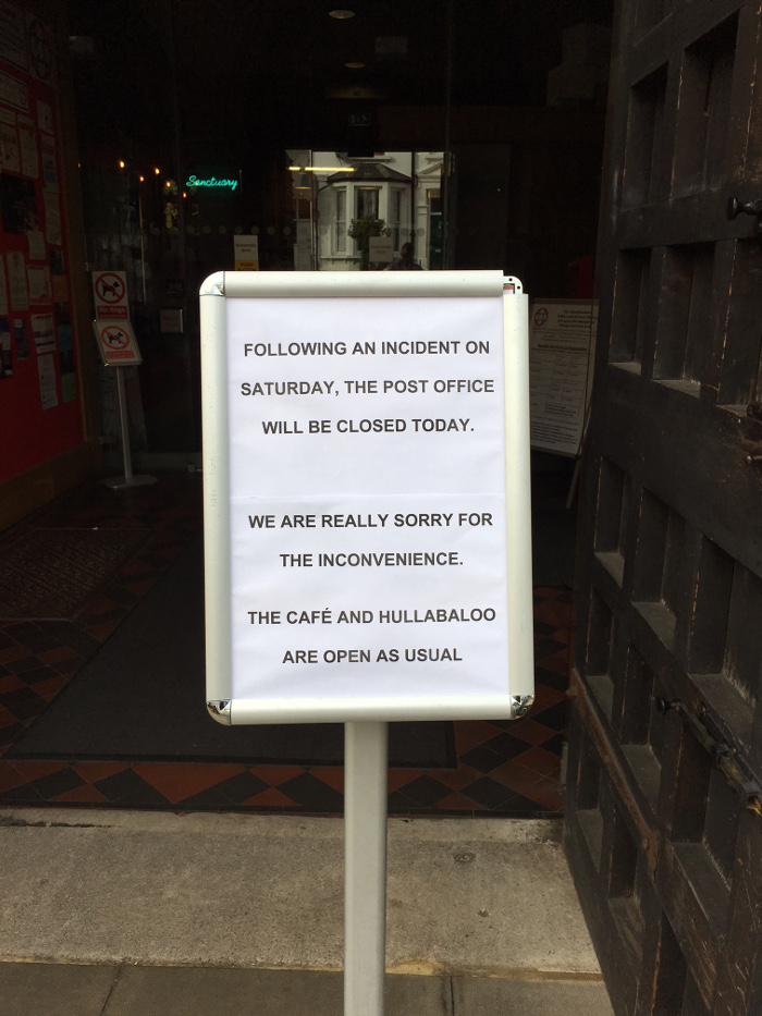 Post Office at Sherriff Centre closed temporarily.