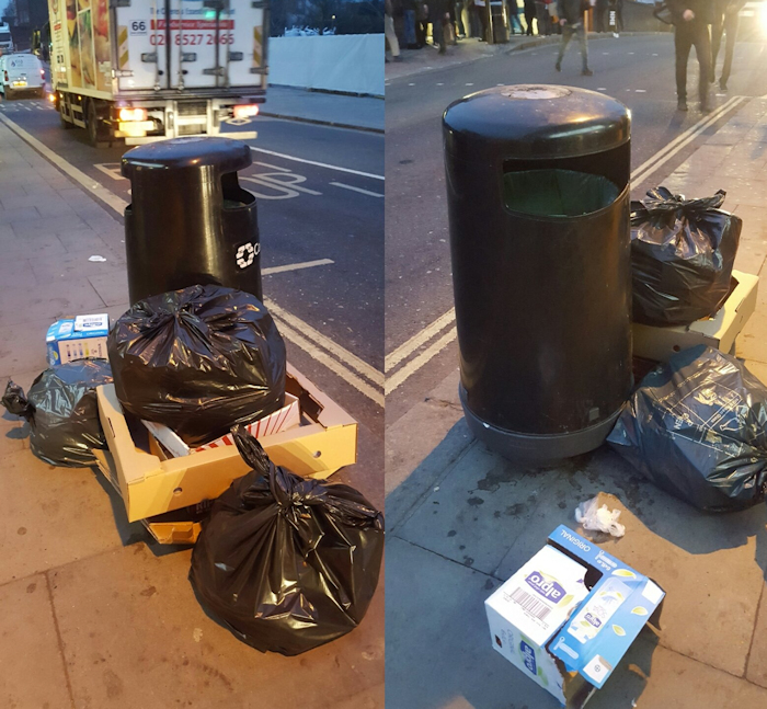 Commercial rubbish is collected daily on West End Lane - though it's not always left correctly. Photo @Superfast72