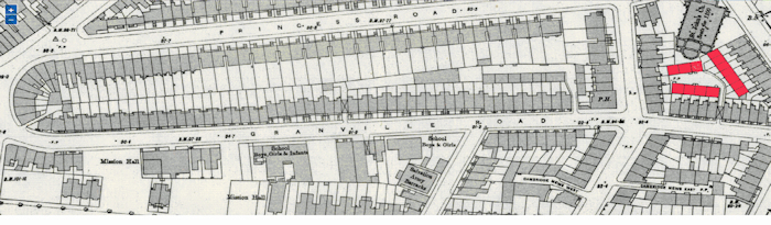 Granville Road showing Pembroke Mews in Red 1890